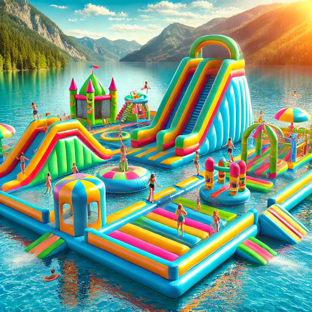 Veliki plutajući vodeni park s raznim šarenim napuhancima, toboganima, trampolinima i preprekama, smješten na bistroj plavoj vodi okruženoj planinama i šumom, s djecom i obiteljima koje uživaju.