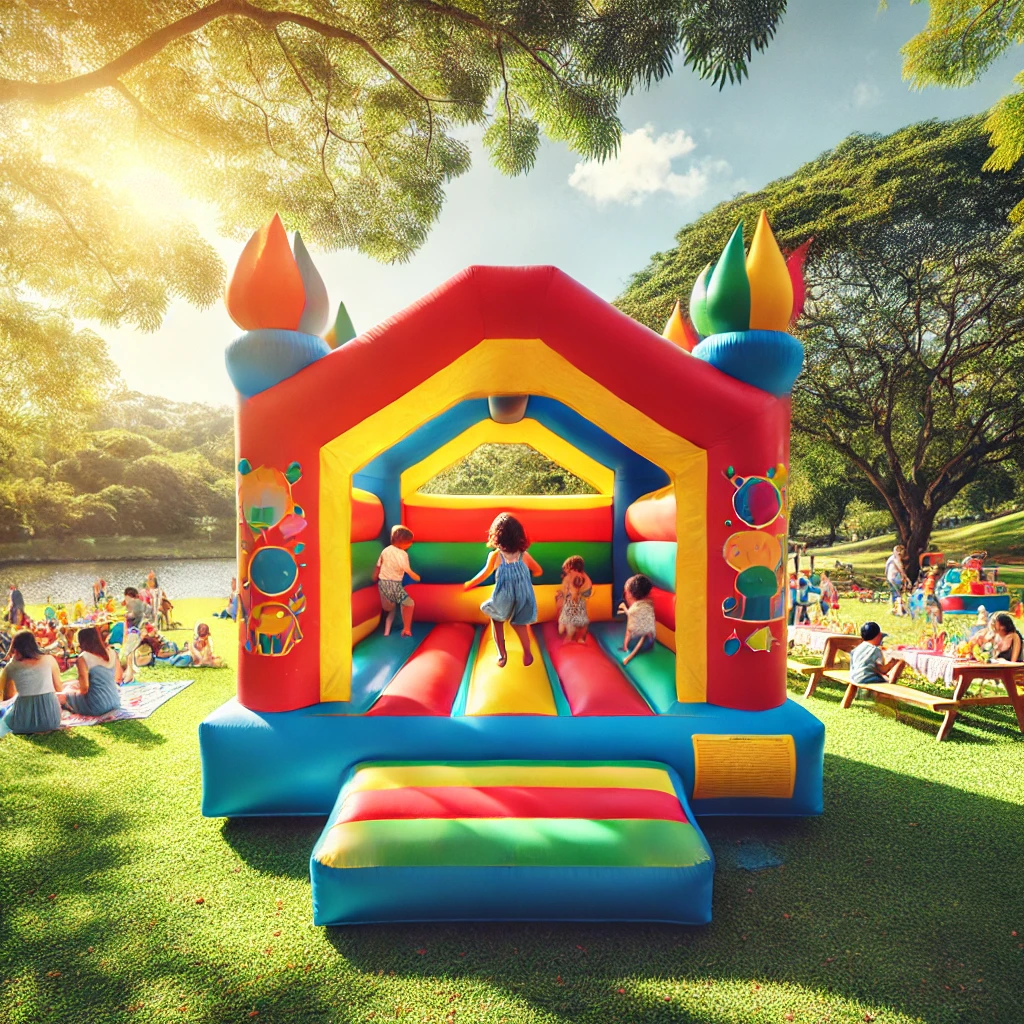 Šareni dječji napuhanac u obliku kućice s djecom koja skaču unutra, postavljen na travi okruženoj drvećem i obiteljima koje uživaju na pikniku u parku