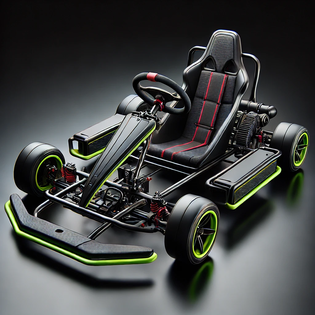Električni go-kart s crnim okvirima, crvenim detaljima na sjedalu i zelenim akcentima, prikazan na tamnoj podlozi.